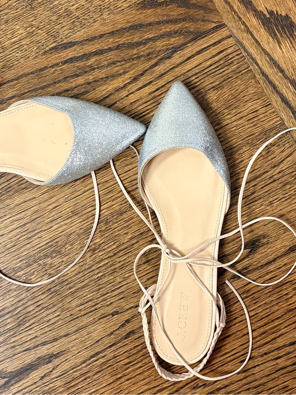 J.Crew Silver Glitter Pointed Toe Lace Up Flats - Size 7